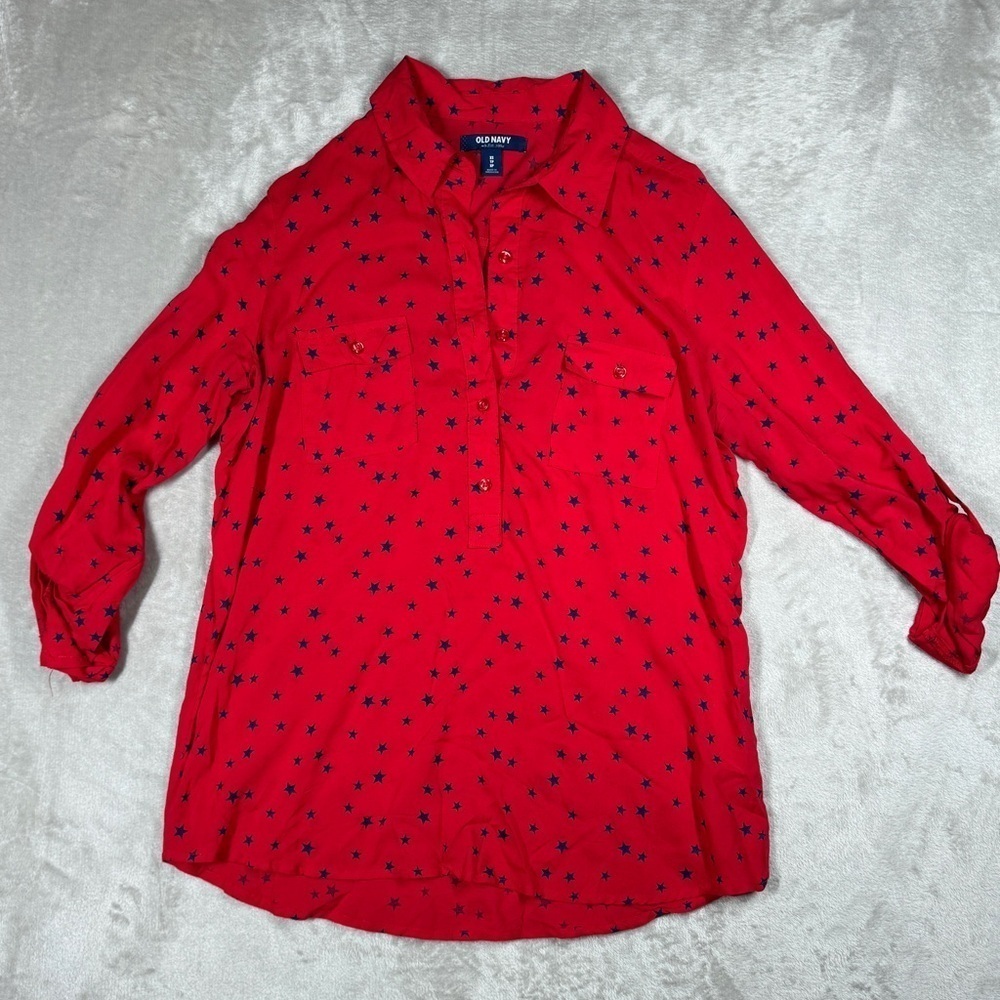 Old Navy Red Blue Stars Collared Buttoned Neckline Rolled Sleeves Blouse Top XS